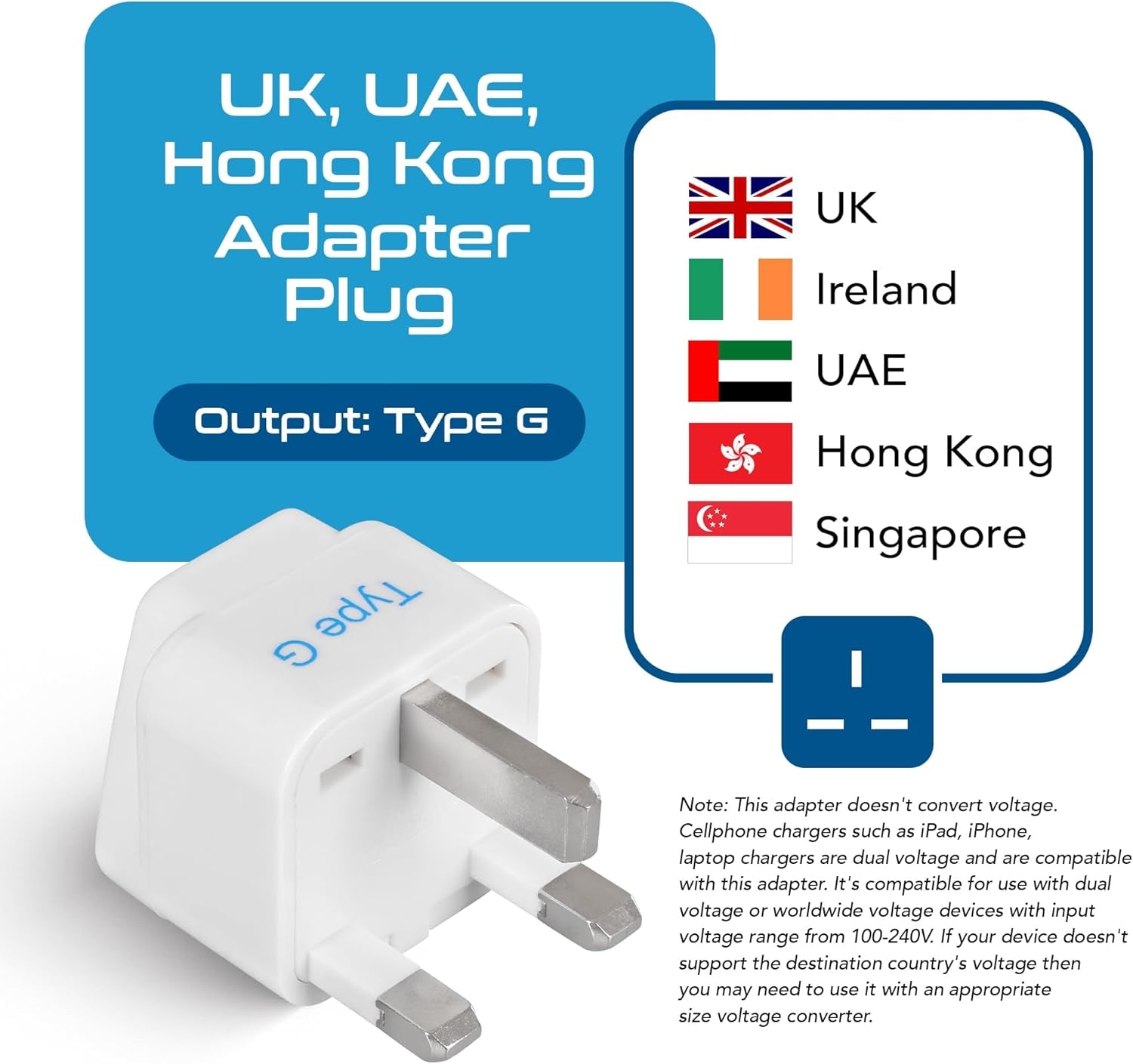 UK, Hong Kong, Ireland, UAE Travel Plug Adapter (Type G) - 3 Pack [Grounded & Universal] (GP-7-3PK)