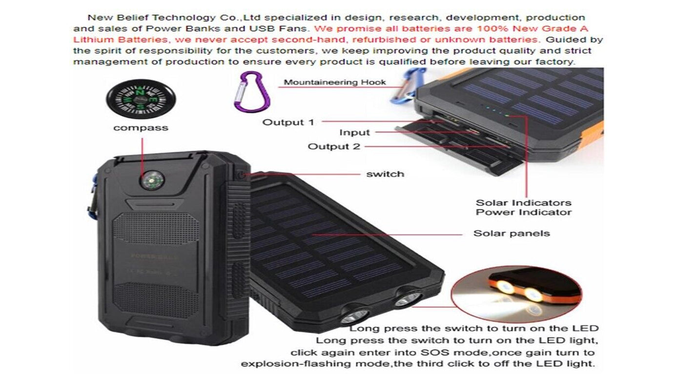 20,000 Mah Portable External Solar Power Bank for Phone Tablet Dual USB Port