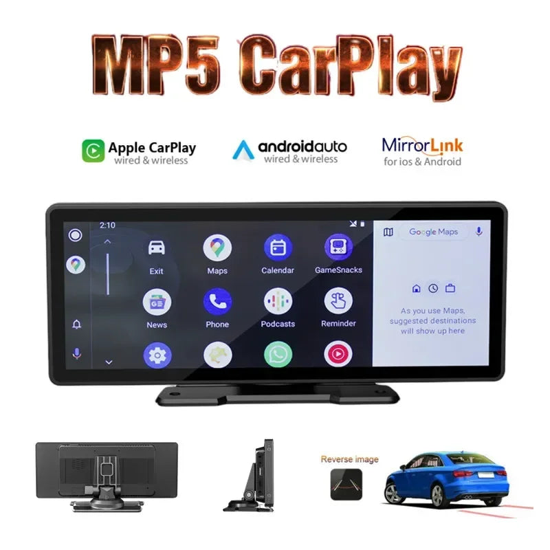 10.26 Inch Car Monitor Wireless Carplay /Android-Auto HD Screen Camera Bluetooth FM Transmitter USB TF Video Player